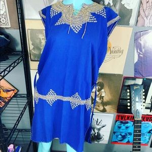 🦋 Vintage 1960’s Stitched EMBROIDERED Boho Blue Tunic S/M COTTON LINEN blend